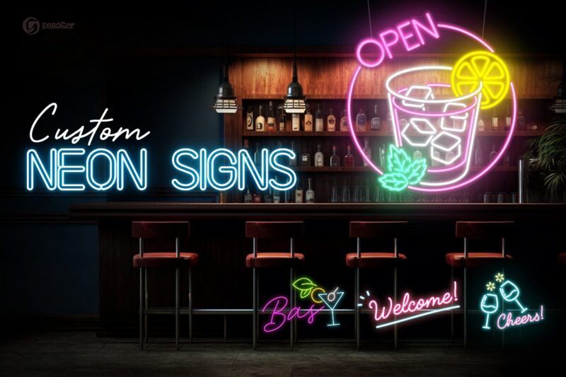 A Stylish Bar with Vibrant Custom Neon Signs