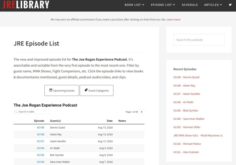 Screenshot of the JRE Library Website