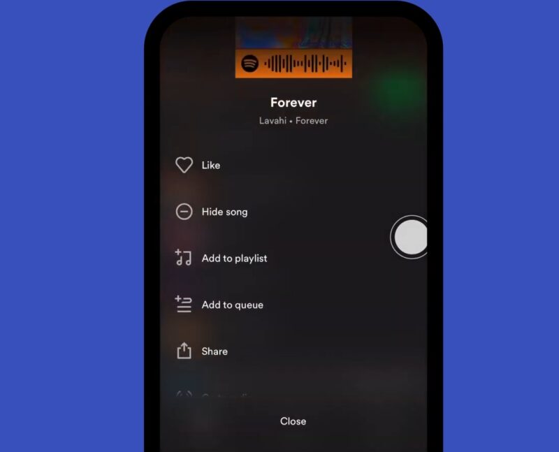 Mobile Spotify interface showing the song 'Forever' by Lavahi with options to like, add to playlist, add to queue, or share during a session