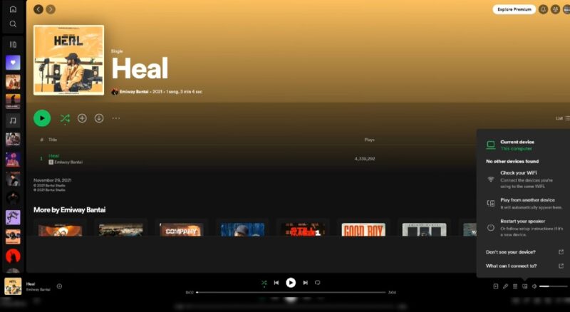 Desktop interface of Spotify displaying the song 'Heal' by Emiway Bantai, with an option to connect to other devices for group listening