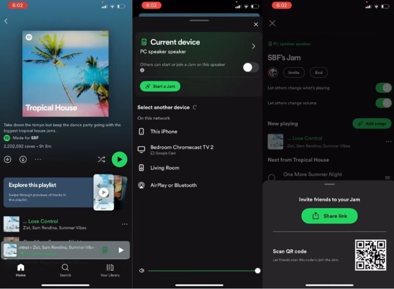 Mobile interface of Spotify showing the option to start a group listening session