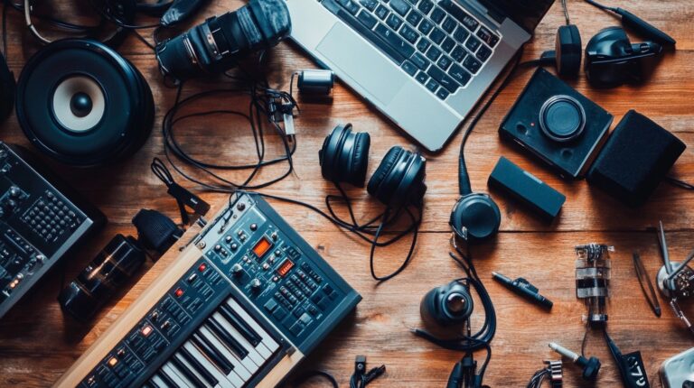 Flat lay of podcasting equipment including headphones, a keyboard, a synthesizer, a laptop, cameras, and other recording gear on a wooden surface