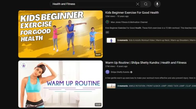 YouTube search showing health and fitness videos