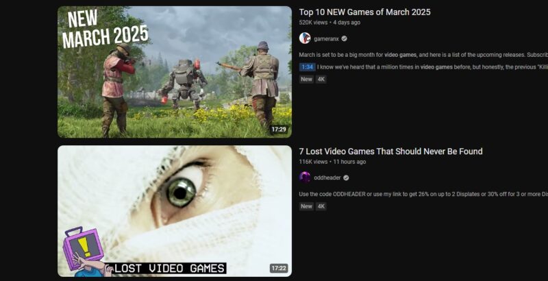 YouTube search screen showing "Games" categories