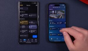 Two smartphones display smart home control apps