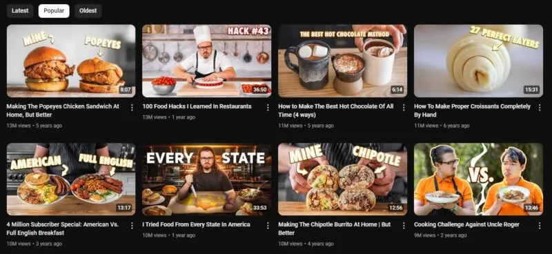 A screenshot of the YouTube Food channel