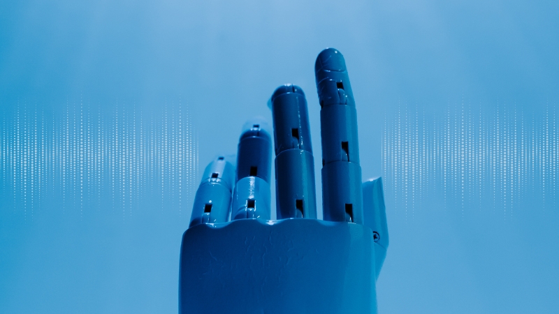 A Robotic Hand with Sound Waves Represents AI in Audience Engagement