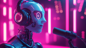 A Robot with Headphones Speaks Into a Microphone, Showing AI in Podcasting