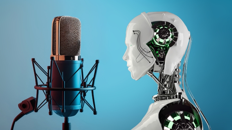 A Robot Faces a Studio Microphone Against a Blue Background