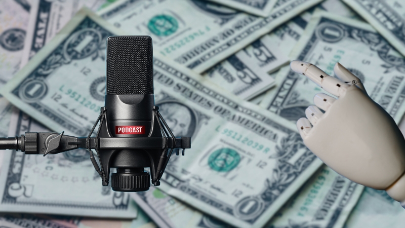 A Microphone, Robotic Hand, and Dollar Bills Show AI Cutting Podcasting Costs