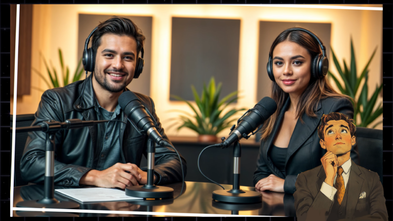 Two Podcast Hosts with Microphones and Headphones Sit in A Studio, with An Illustrated Figure Looking Thoughtful in The Corner