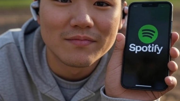 A person holds a smartphone displaying the Spotify app
