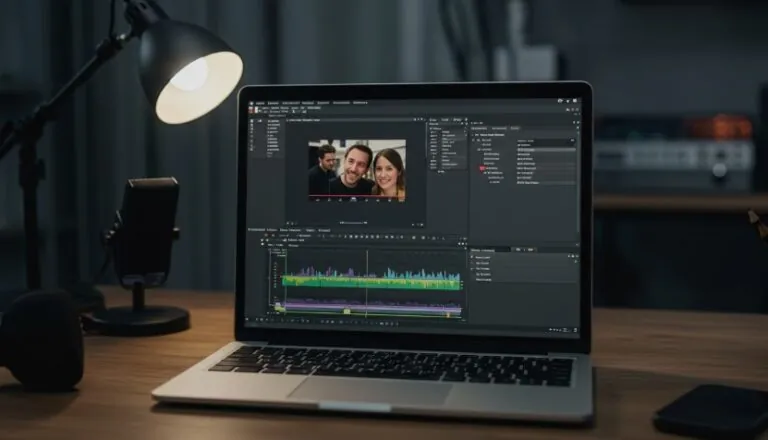 A laptop displaying video editing software