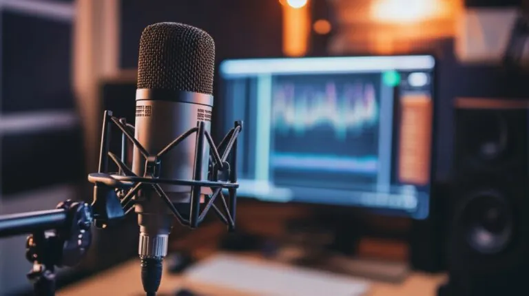 Close-up of a microphone in a podcast studio with a computer screen showing audio waveforms in the background