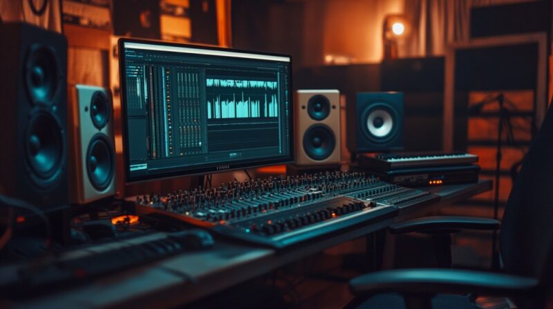 Audio production workstation with multiple monitors, mixers, speakers, and studio lighting in a professionally organized setup