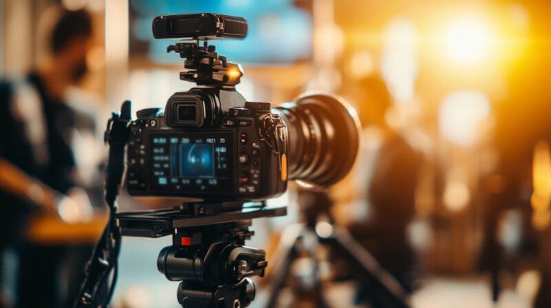 Close-up of a DSLR camera on a tripod, recording in a studio with warm lighting and blurred background