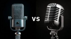 Side-by-side comparison of a dynamic microphone and a condenser microphone with a “VS” label in between