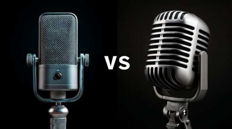 Side-by-side comparison of a dynamic microphone and a condenser microphone with a “VS” label in between