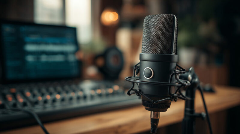 Professional podcast microphone on a desk with an audio mixer and computer screen in the background