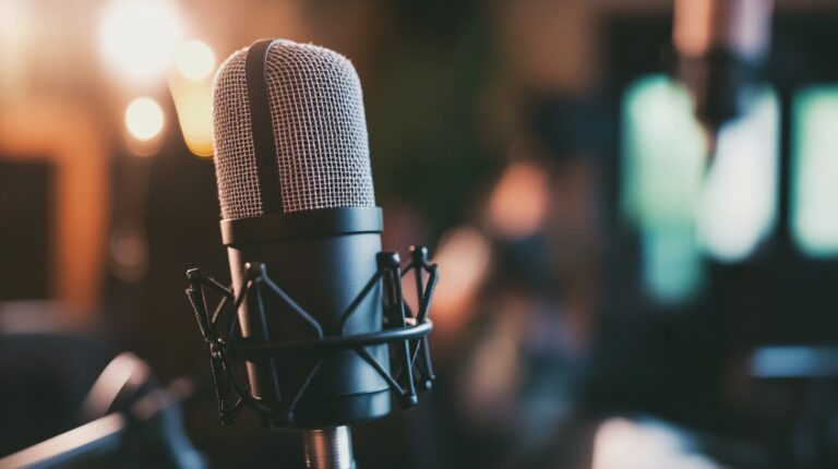 Close-up of a professional studio microphone with blurred lights and background