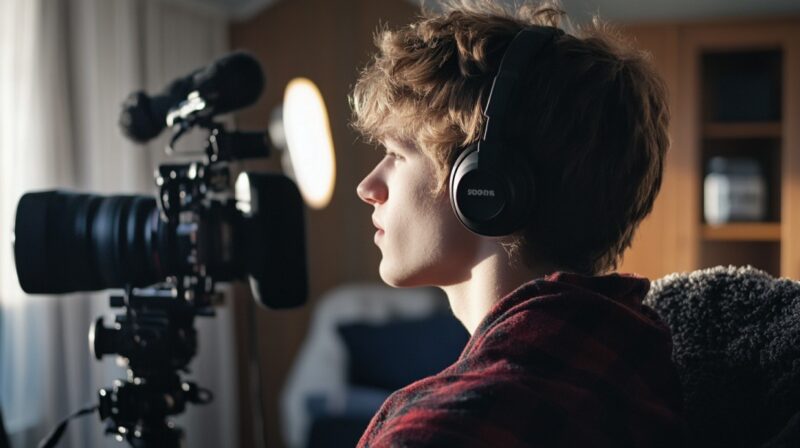 Young content creator wearing headphones recording in front of a camera and light setup in a home studio