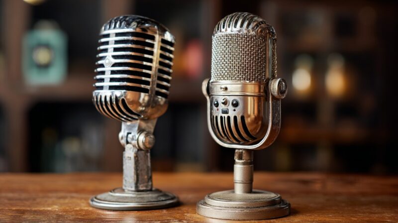 Two vintage microphones side by side on a wooden surface with a blurred background