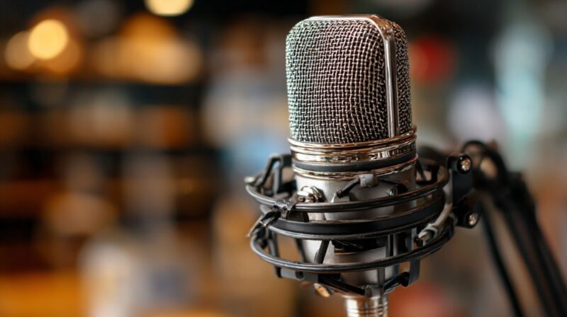 Close-up of a professional studio microphone mounted on a shock mount with a blurred background