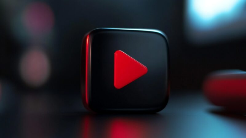 Stylized 3D YouTube play button icon with a red triangle on a black rounded square surface, set against a dark background.