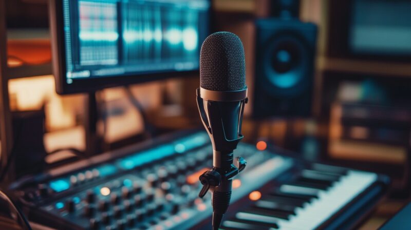Microphone in front of a digital audio workstation with keyboard, mixer, and waveform display on a screen