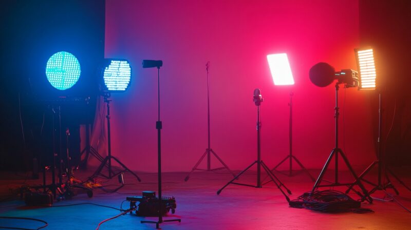 Studio lighting setup with LED lights in blue, pink, and orange, positioned around microphones and stands in a controlled environment