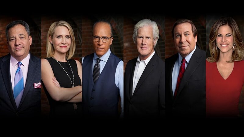 A lineup of Dateline NBC Podcast hosts and correspondents posing together, showcasing the trusted voices behind the true-crime series