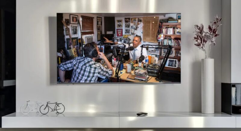 WTF podcast played on a TV in living room
