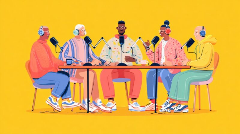 Illustration of five diverse individuals wearing headphones, sitting around a table and recording a podcast together with microphones on stands