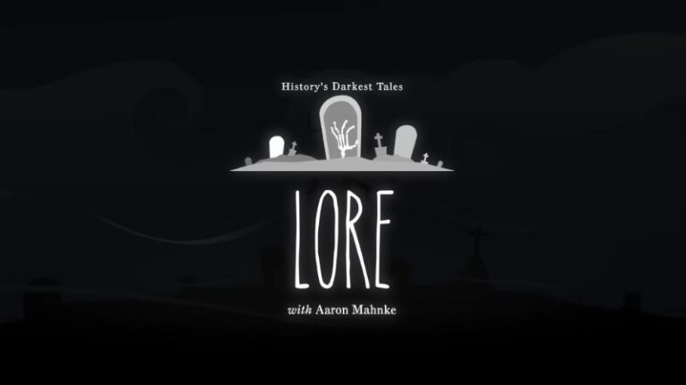 Title screen for the Lore podcast featuring its signature graveyard logo and tagline “History’s Darkest Tales”