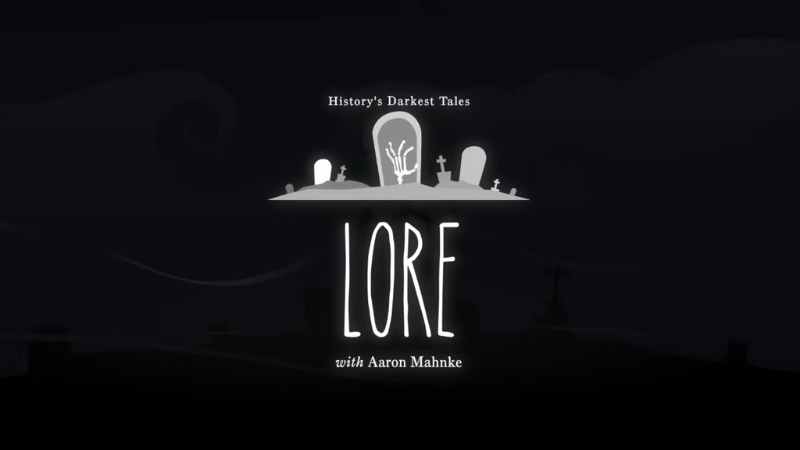 Title screen for the Lore podcast featuring its signature graveyard logo and tagline “History’s Darkest Tales”