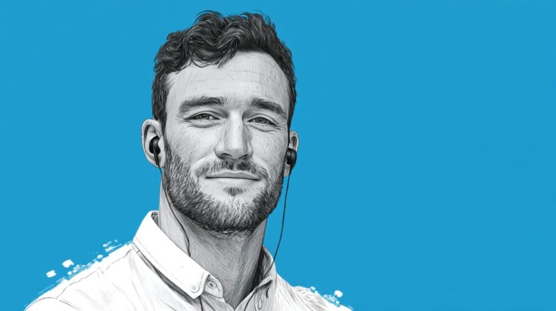 Stylized illustration of a confident man wearing earphones against a bright blue background, symbolizing podcast discoverability