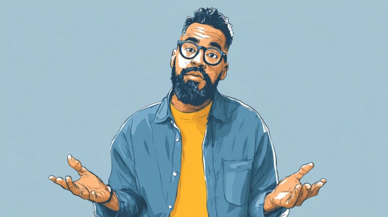 Illustration of a man shrugging with an unsure expression, wearing glasses and a casual shirt