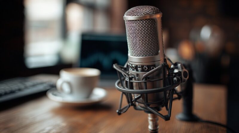 Close-up of a professional podcast microphone on a desk with a coffee cup and blurred background