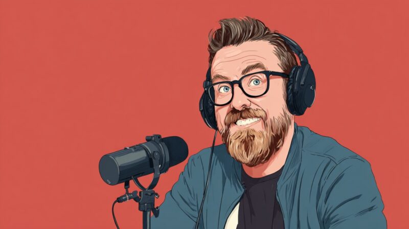 Illustration of a smiling man with glasses and headphones speaking into a podcast microphone