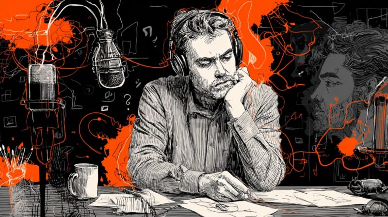 Artistic sketch of a pensive podcaster surrounded by swirling creative elements, microphones, and scribbled notes