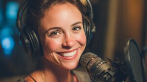 Smiling woman wearing headphones in a recording studio, speaking into a microphone