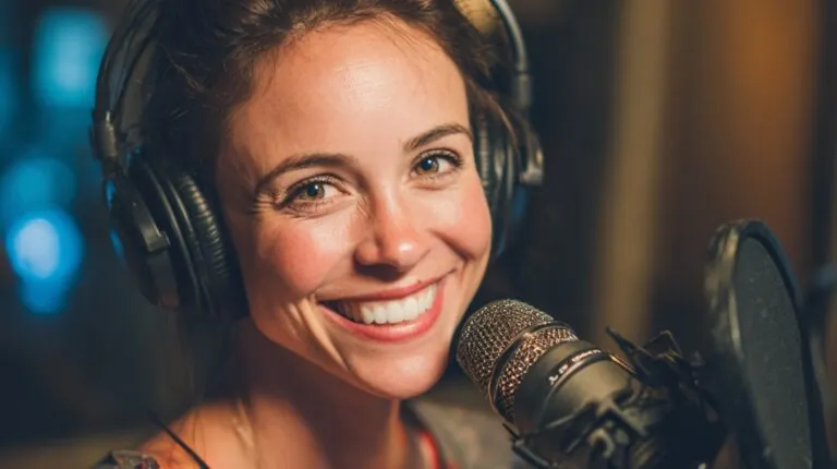 Smiling woman wearing headphones in a recording studio, speaking into a microphone