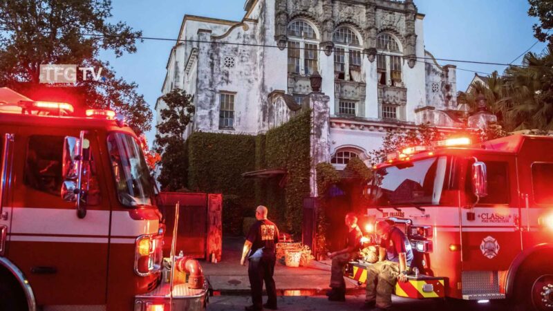 Firefighters and fire trucks in front of Beyoncé and Jay-Z’s New Orleans mansion during an emergency response