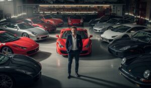 A businessman stands confidently in a garage filled with a diverse collection of high-performance sports cars