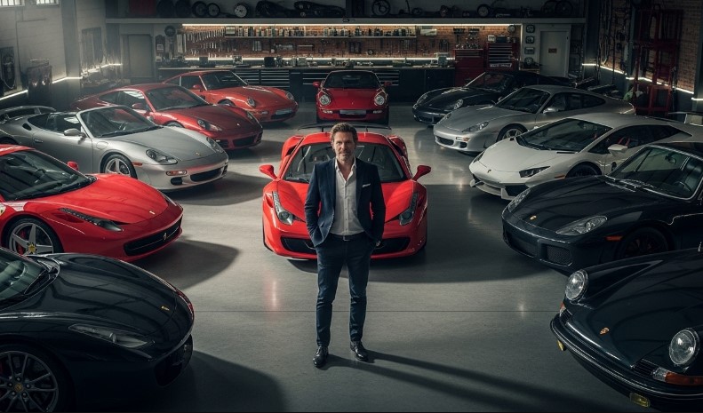 A businessman stands confidently in a garage filled with a diverse collection of high-performance sports cars