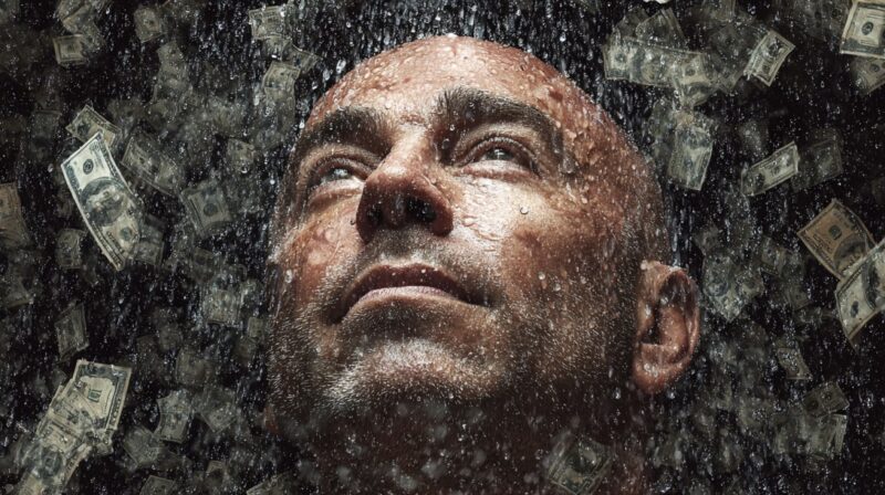 Man’s face with water and dollar bills raining down, symbolizing wealth from multiple income streams