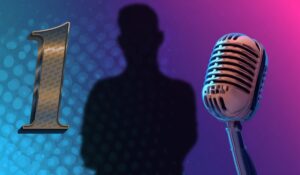 text: "Silhouette of a person with a microphone and number one symbol, representing the richest podcaster