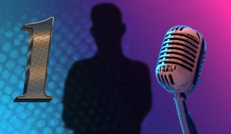 text: "Silhouette of a person with a microphone and number one symbol, representing the richest podcaster