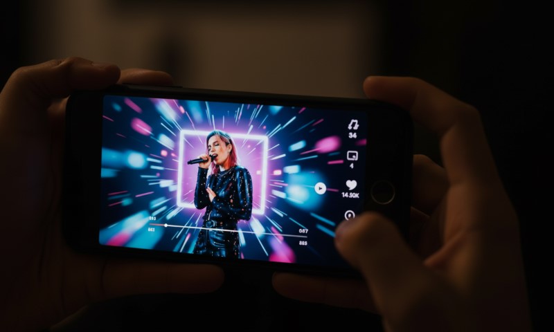 A person holds a cell phone displaying a video of a woman performing