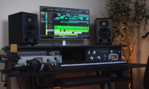 A desk featuring a computer, keyboard, and headphones arranged for work or study